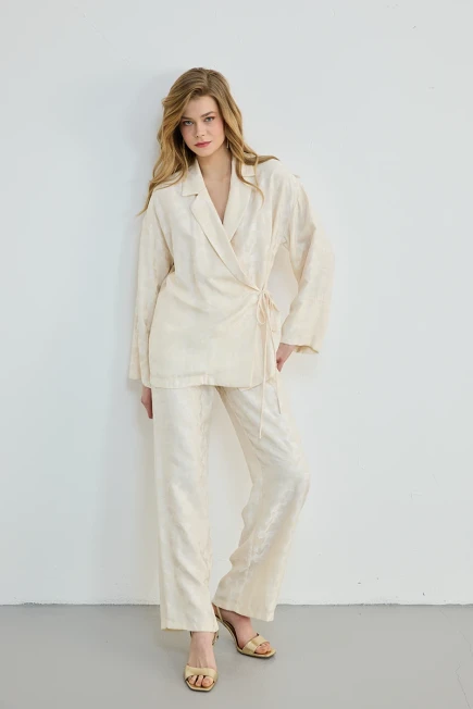 Jakar Desenli Kimono Pantolon - Ekru - 1