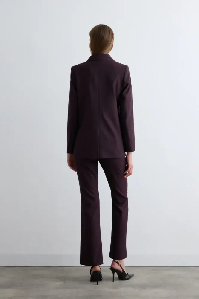 Rahat Kesim Çizgili Blazer Ceket & Geniş Paça Pantolon - Mürdüm Takım - 2