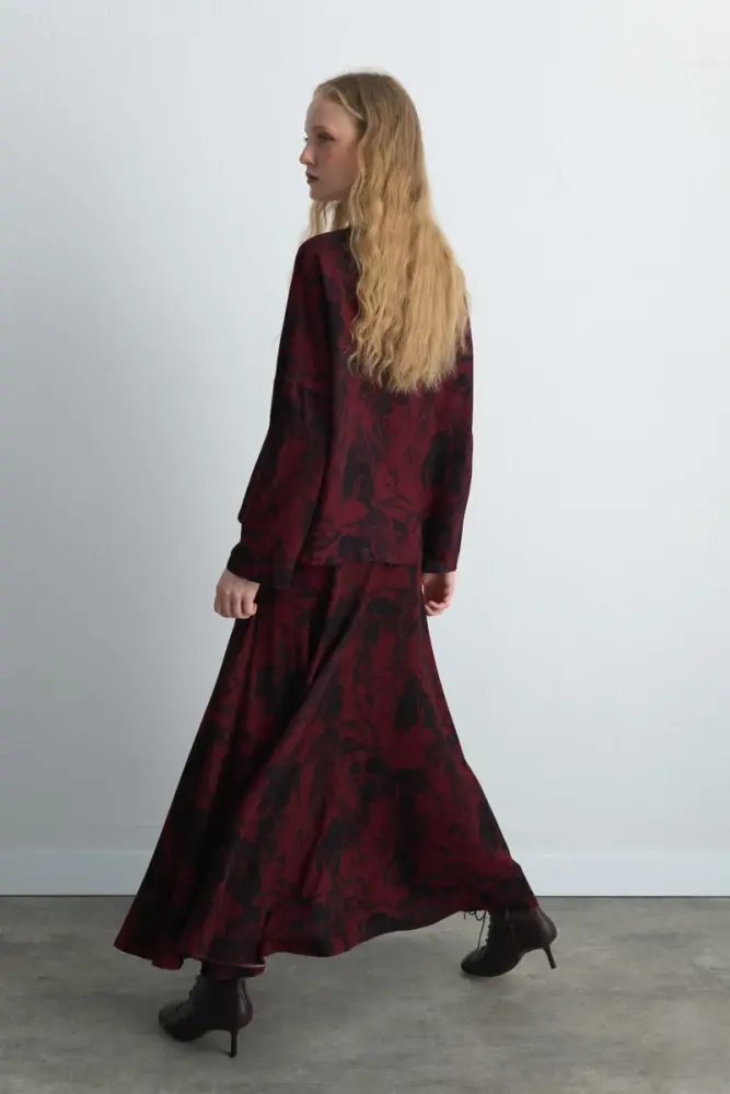 Anka Koleksiyonu Desenli Viskon Bluz & Volanlı Uzun Etek - Bordo Takım - 2
