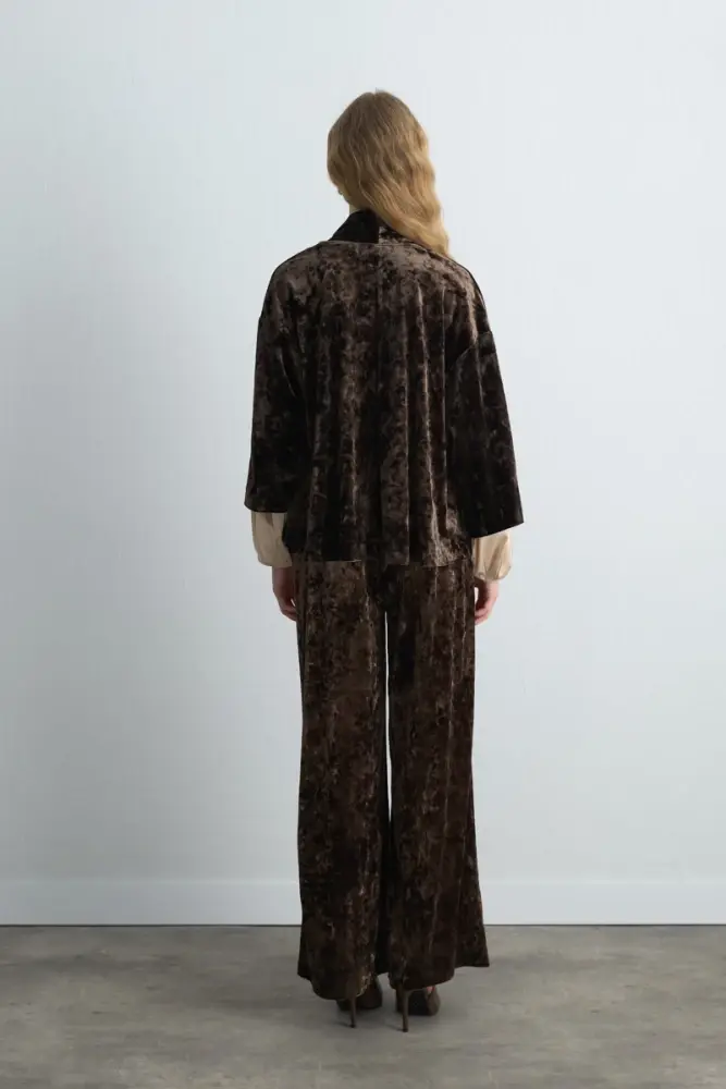 Anka Koleksiyonu Kadife Kimono & Bol Paça Pantolon - Haki Takım - 2