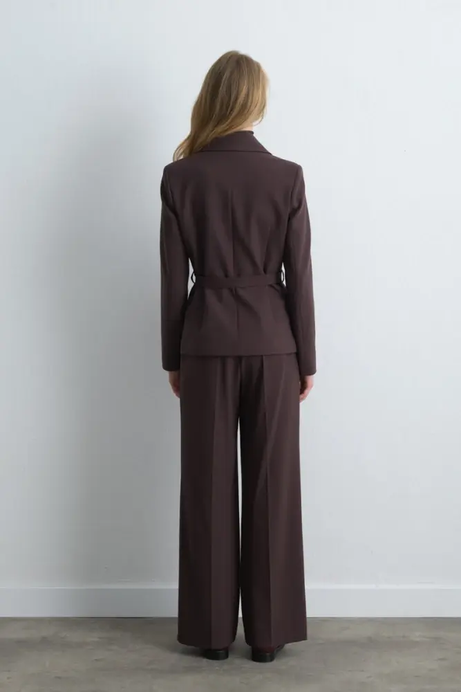 Beli Kemerli Blazer Ceket & Yüksek Bel Palazzo Pantolon - Kahverengi Takım - 2