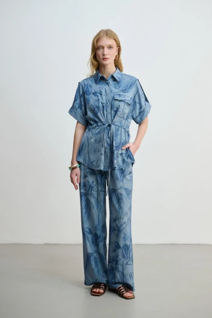Beli İpli Desenli Denim Görünümlü Gömlek Bol Paça Pantolon - Mavi - 1