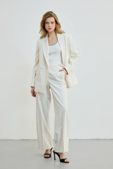 İki Düğmeli Blazer Ceket Boru Paça Beli Düğmeli Pantolon - Ekru - 1