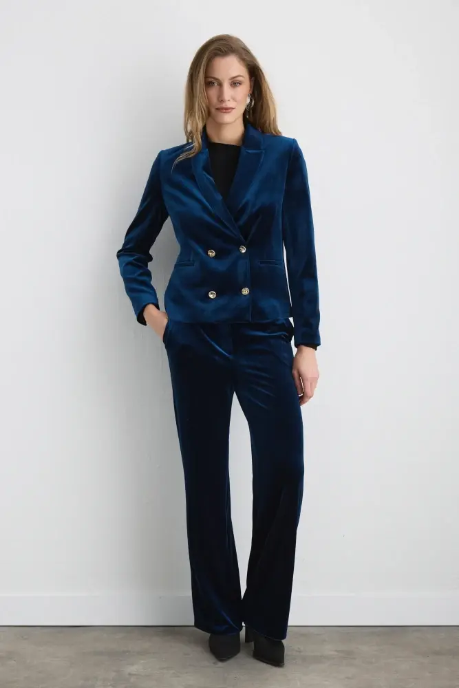 Kruvaze Kadife Ceket & Boru Paça Pantolon- Lacivert Takım