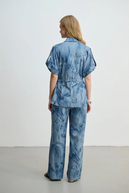 Beli İpli Desenli Denim Görünümlü Gömlek Bol Paça Pantolon - Mavi - 2