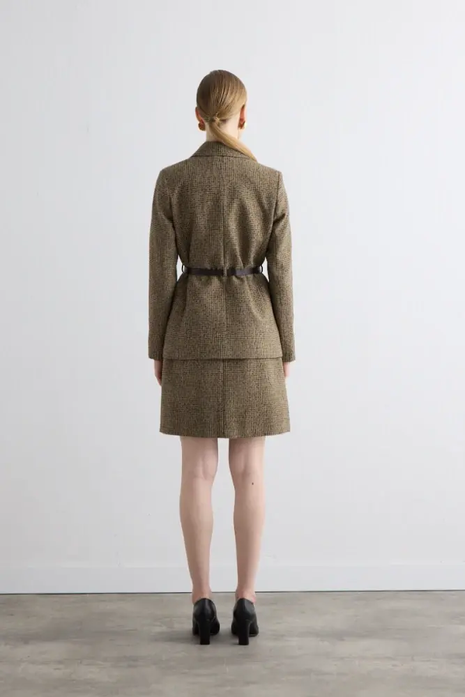 Wool Jacket with Belted Waist and Pinafore Dress - Brown - 2