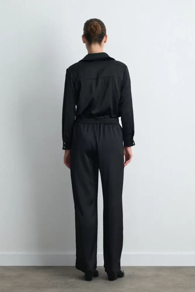 Krinkıl Saten Gömlek Bol Paça Pantolon &- Siyah Takım - 2
