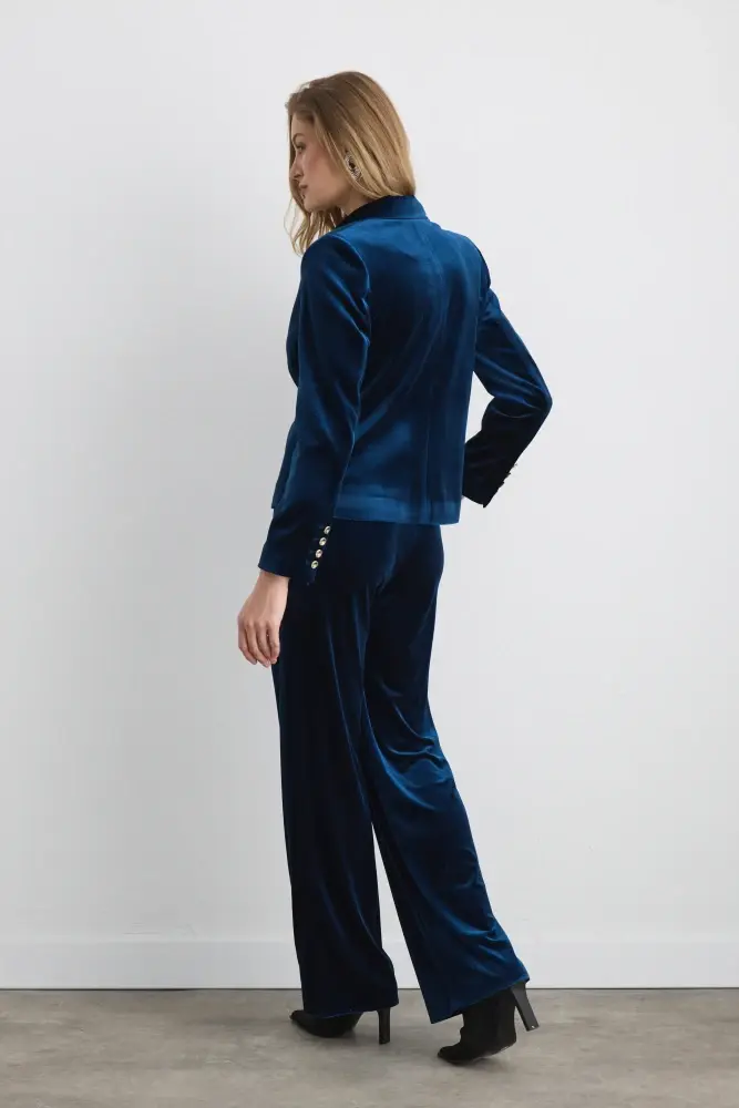 Kruvaze Kadife Ceket & Boru Paça Pantolon- Lacivert Takım - 2