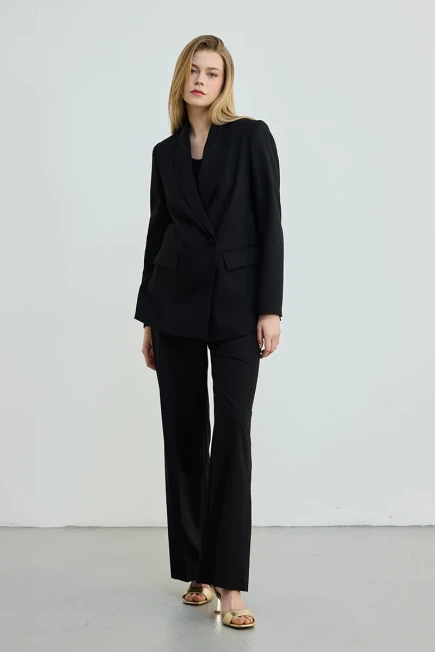 İki Düğmeli Blazer Ceket Boru Paça Beli Düğmeli Pantolon - Siyah - 1