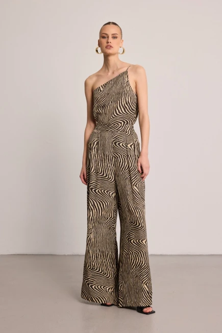Asymmetric Cut Zebra Print Blouse & Wide-Leg Trousers – Black - 1
