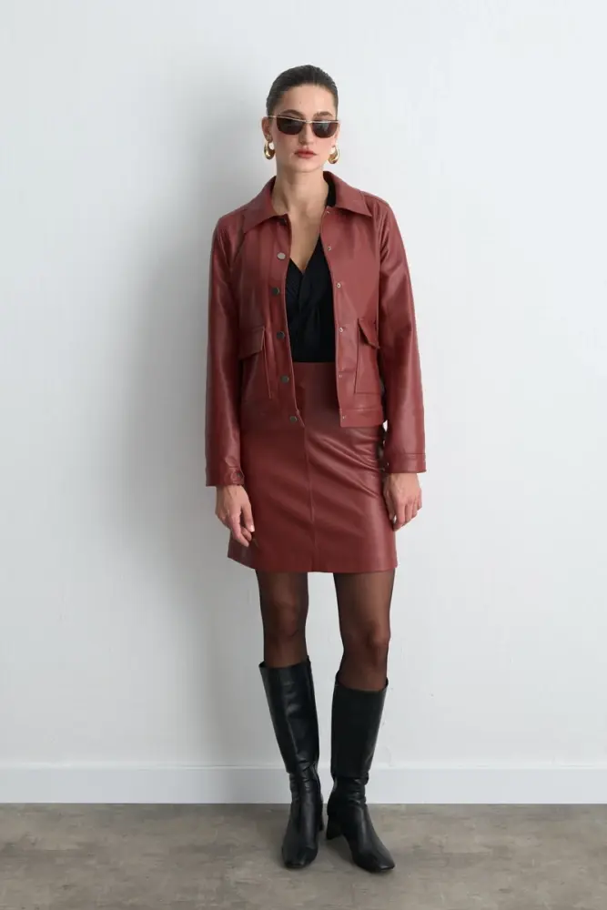 Cepli Suni Deri Ceket & Mini Etek - Bordo Takım