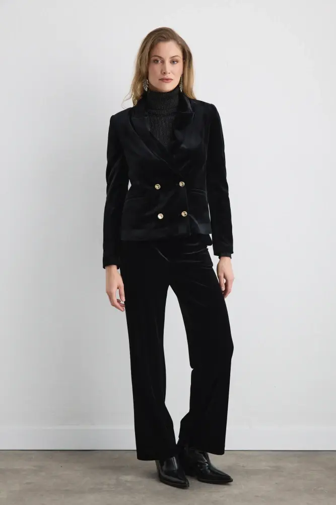 Kruvaze Kadife Ceket & Boru Paça Pantolon- Siyah Takım