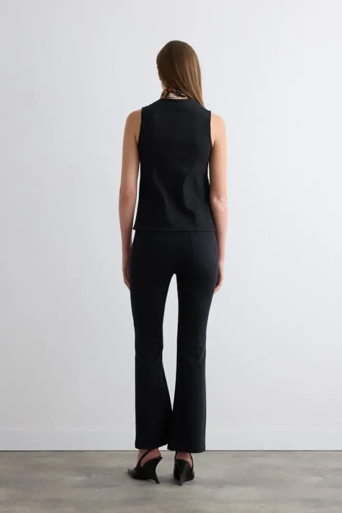 Tencel Denim Black Vest with Black Flare Pants - Black - 2