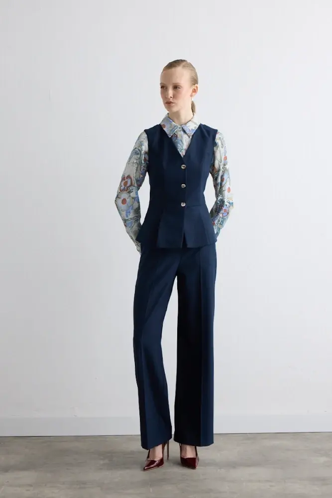 Pleated Glitter-Striped Vest with Wide-Leg Pants - Navy - 2