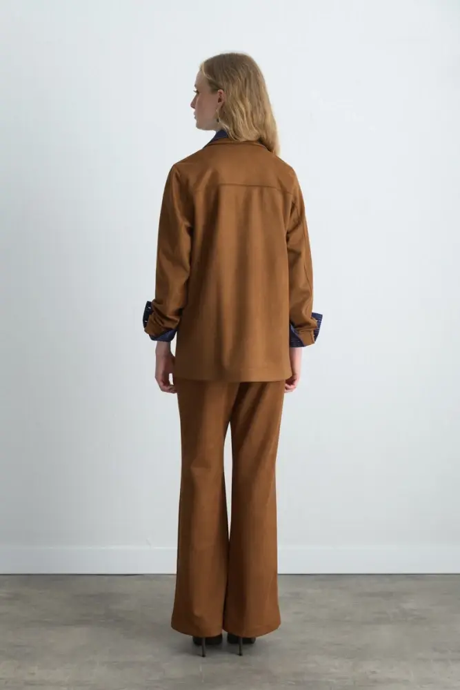 Süet Blazer Ceket & Geniş Paçalı Süet Pantolon - Taba Takım - 2