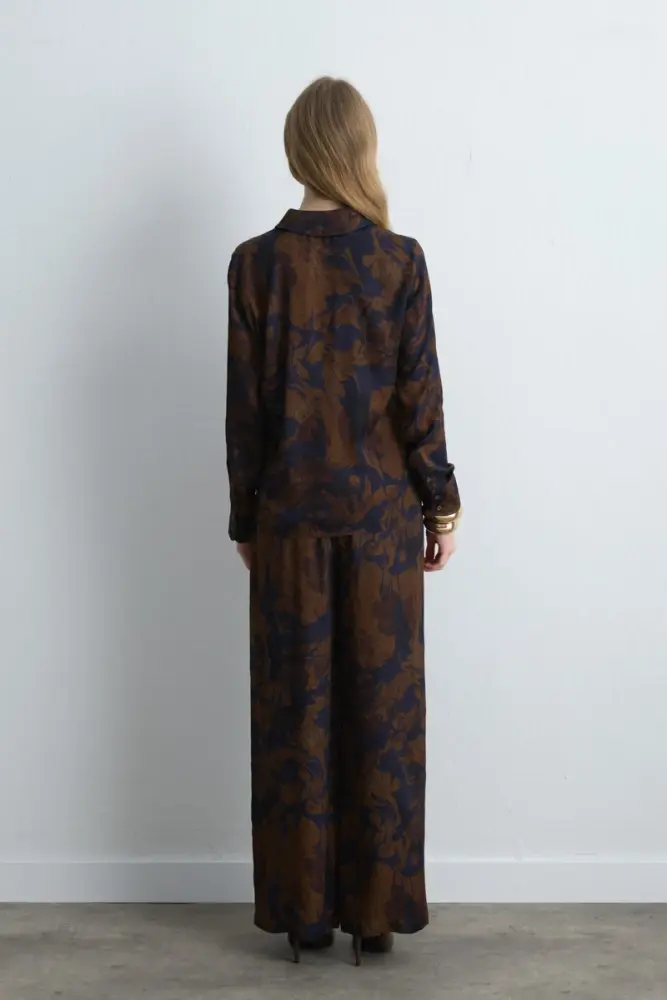 Anka Koleksiyonu Viskon Saten Gömlek & Bol Paça Viskon Pantolon - Kahverengi Takım - 2