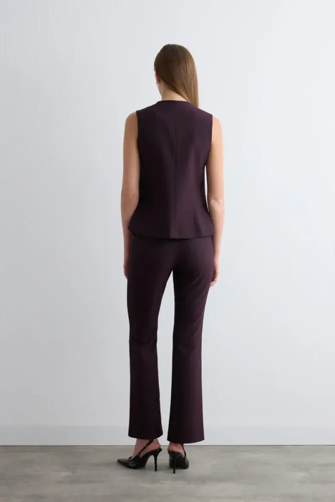 Yuvarlak Yaka Çizgili Yelek & Çizgili Geniş Paça Pantolon - Mürdüm Takım - 2