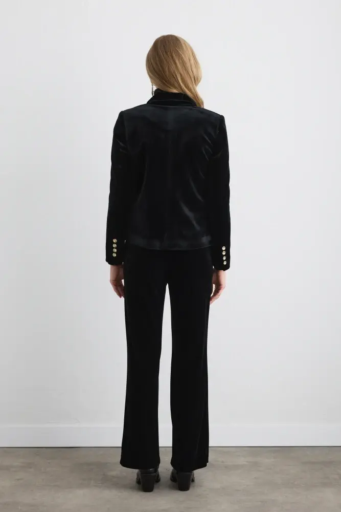 Kruvaze Kadife Ceket & Boru Paça Pantolon- Siyah Takım - 2