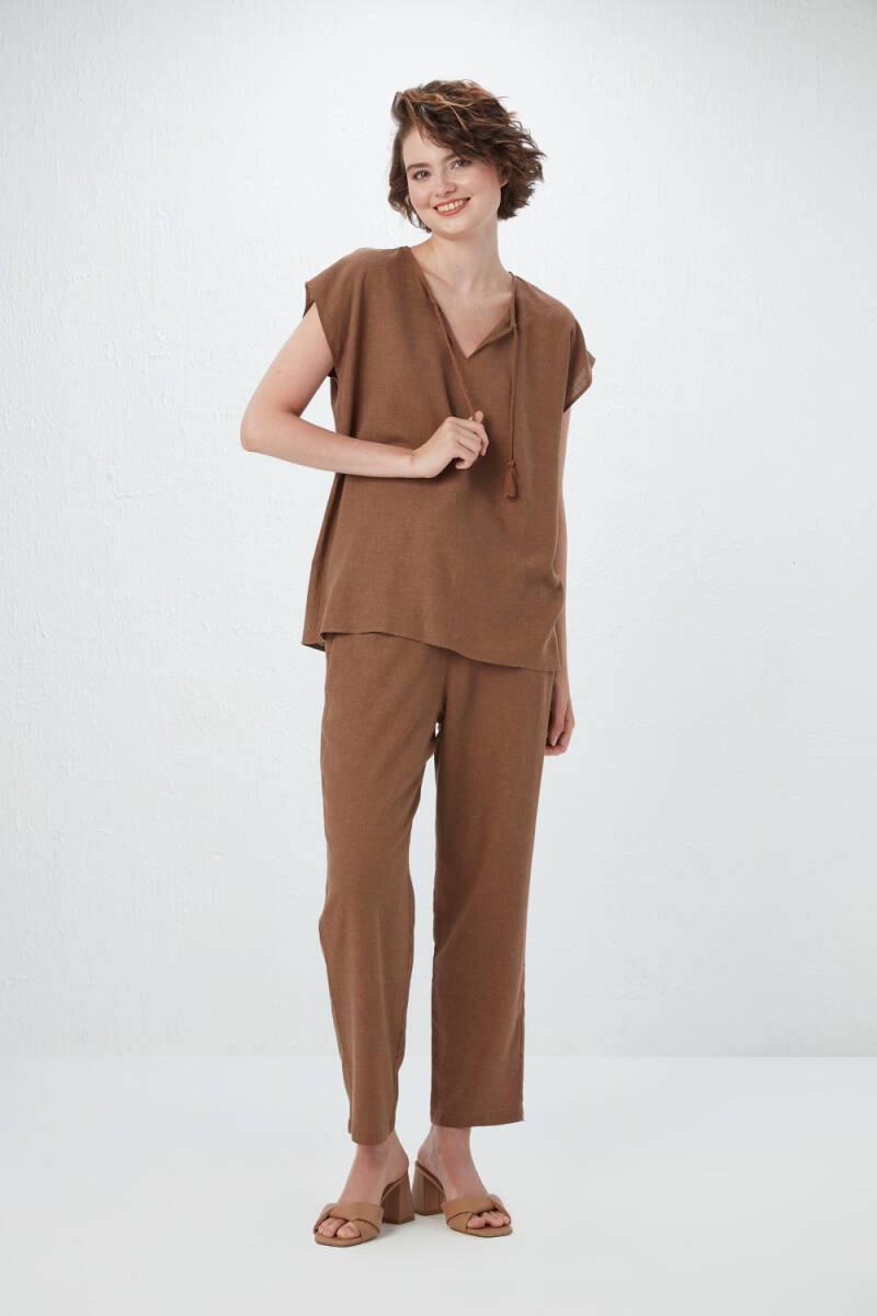 Tassel Detailed Linen Blouse Trousers Set - Milk Brown - 1