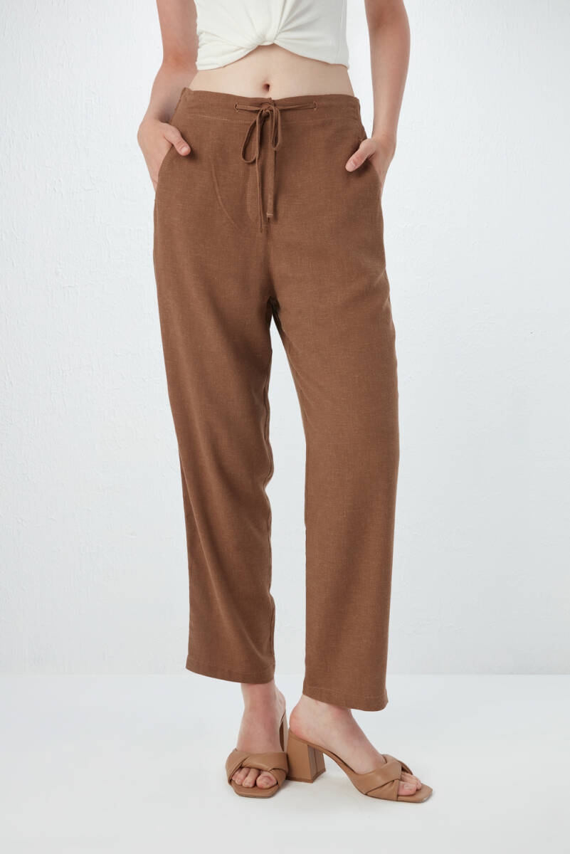 Tassel Detailed Linen Blouse Trousers Set - Milk Brown - 3