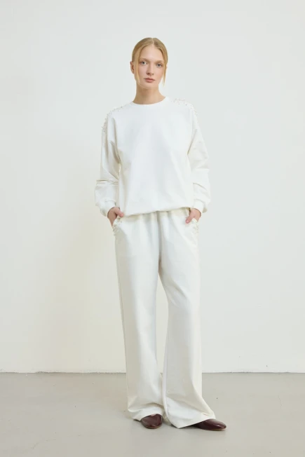 İnci Detaylı Pamuklu Sweatshirt Eşofman Altı - Ekru - 1