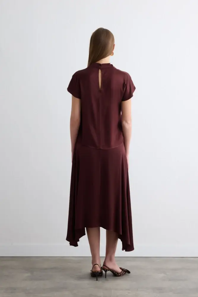 Draped Neck Viscose Satin Blouse with Asymmetric Cut Skirt - Burgundy - 2