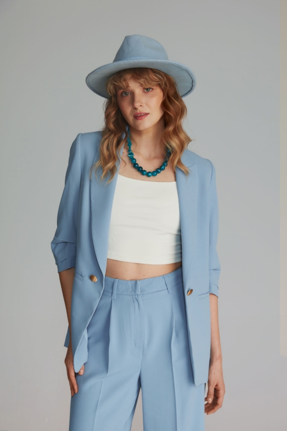 Wide Leg Pants Jacket Set - Blue - 2