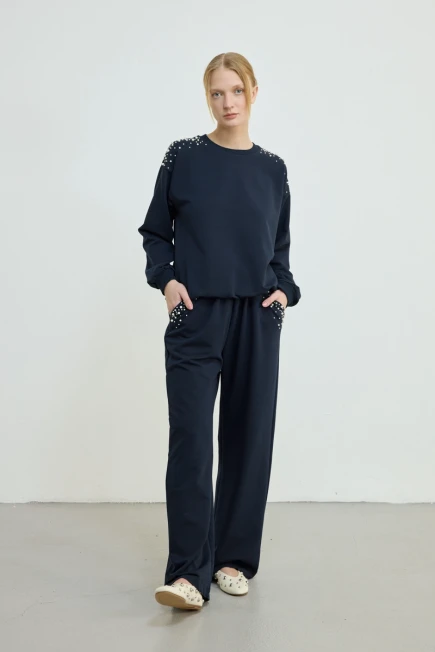 İnci Detaylı Pamuklu Sweatshirt Eşofman Altı - Lacivert - 1