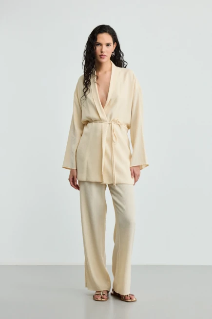 Krinkıl Saten Kimono Beli Lastikli Pantolon- Ekru - 1