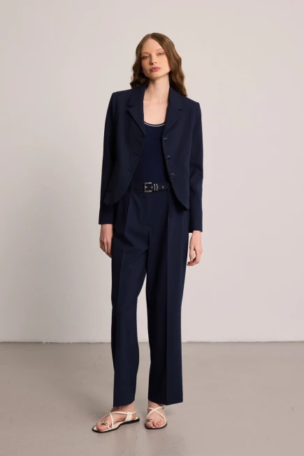 Cepli Blazer Ceket Beli Kemerli Kumaş Pantolon - Lacivert - 1