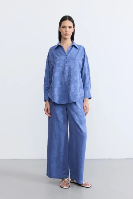Rahat Kesim Tencel Jakar Gömlek Beli Lastikli Pantolon - Mavi - 1