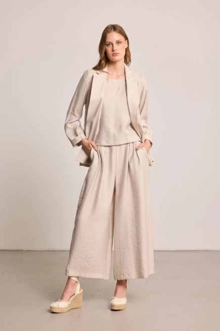 Relaxed-Fit Blazer with Round-Neck Lyocell Blouse and Trousers - Stone - 1