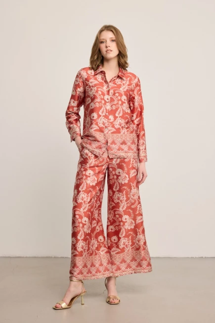 Patterned Satin Shirt Wide Leg Trousers - Brick Red - 1