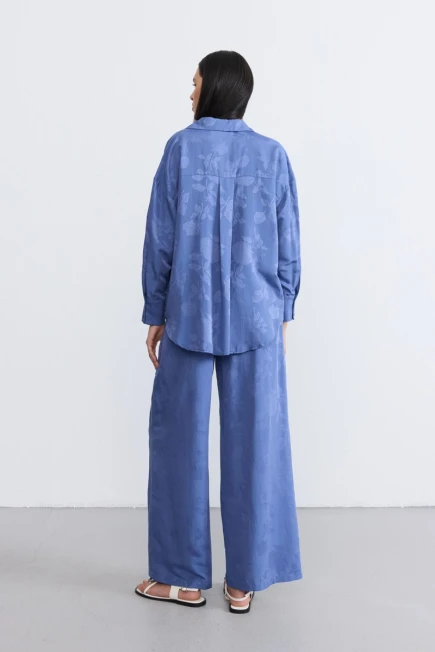 Rahat Kesim Tencel Jakar Gömlek Beli Lastikli Pantolon - Mavi - 2
