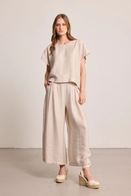 Relaxed-Fit Blazer with Round-Neck Lyocell Blouse and Trousers - Stone - 2