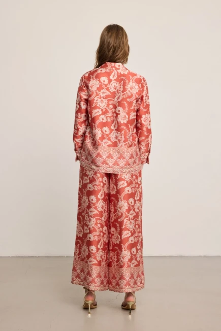 Patterned Satin Shirt Wide Leg Trousers - Brick Red - 2