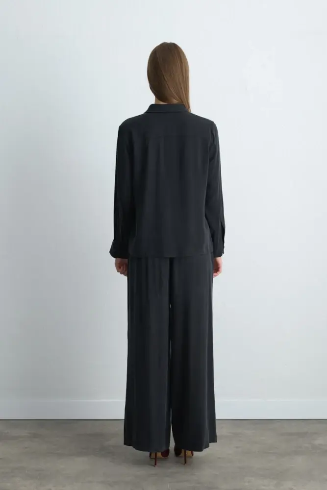 Anka Koleksiyonu Lyocell Gömlek & Bol Paça Pantolon - Siyah Takım - 2
