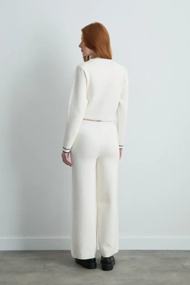 Biyeli Triko Hırka & Bol Paça Pantolon - Ekru - 2
