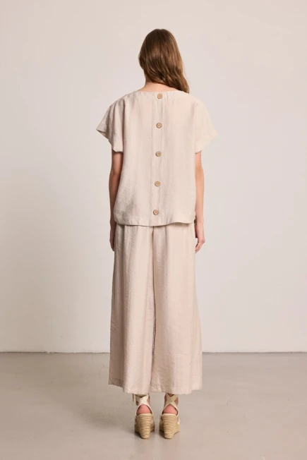 Relaxed-Fit Blazer with Round-Neck Lyocell Blouse and Trousers - Stone - 3