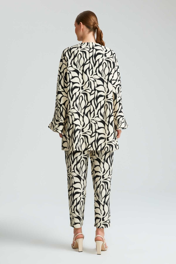 Leaf Patterned Pants Caftan Suit - Black - 3