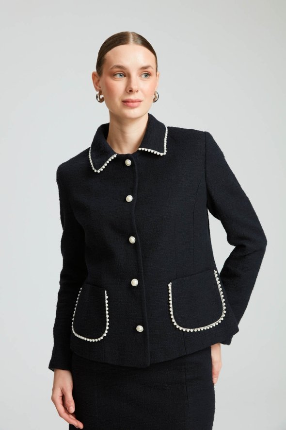 Pearl-Embellished Jacket Skirt Suit - Navy Blue - 2