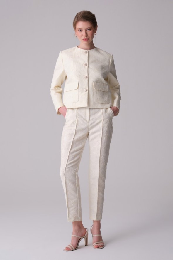 Lace Short Jacket Pants Set - Ecru - 1