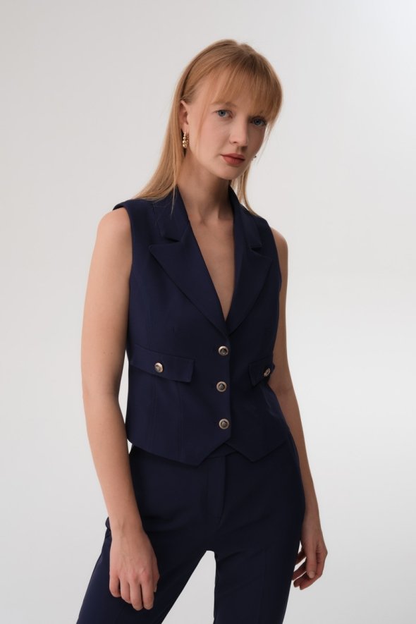 Collared Vest and Pants Suit - Navy Blue - 2