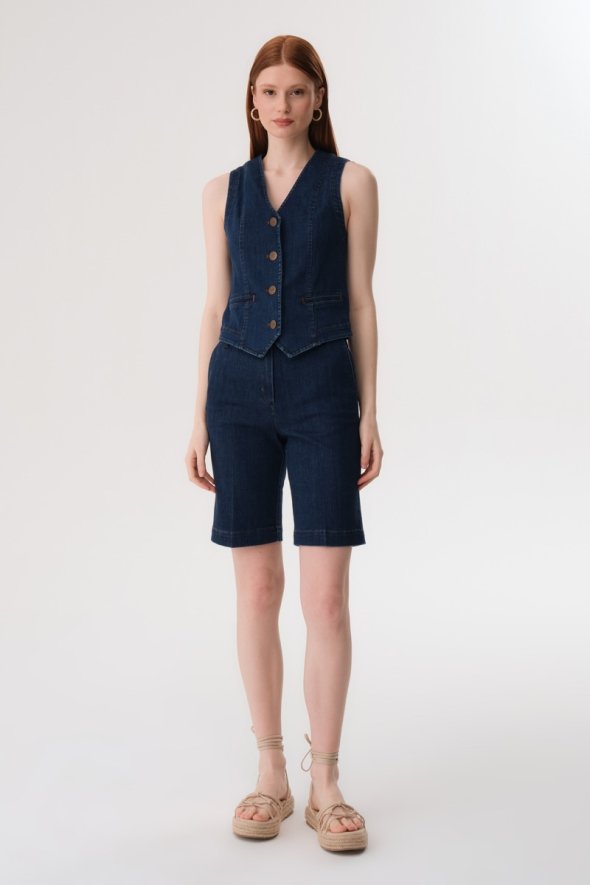 Denim Vest and Shorts Suit - Blue - 1