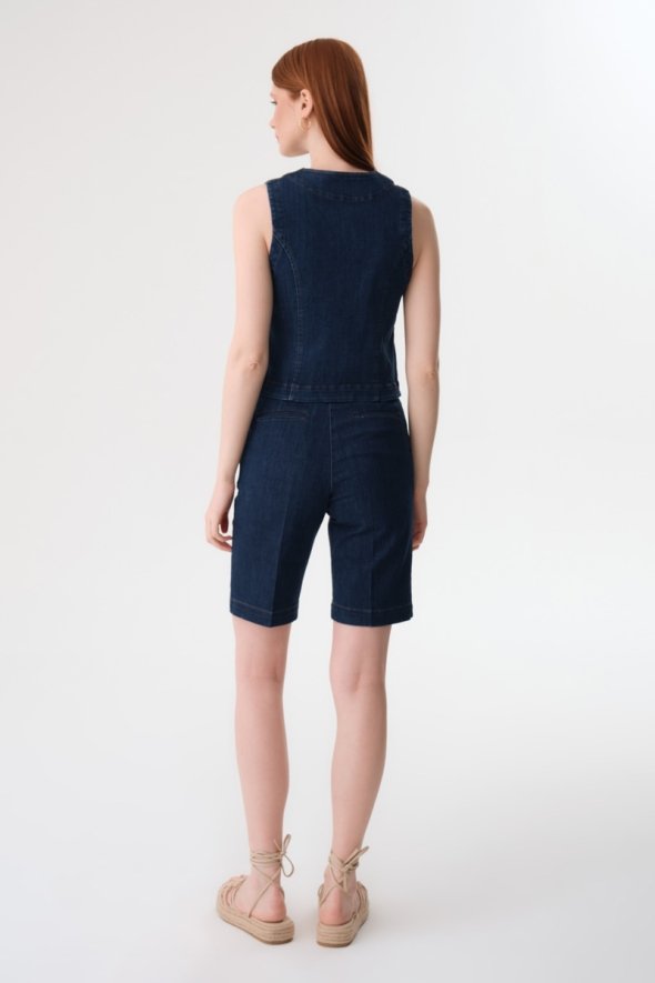 Denim Vest and Shorts Suit - Blue - 3