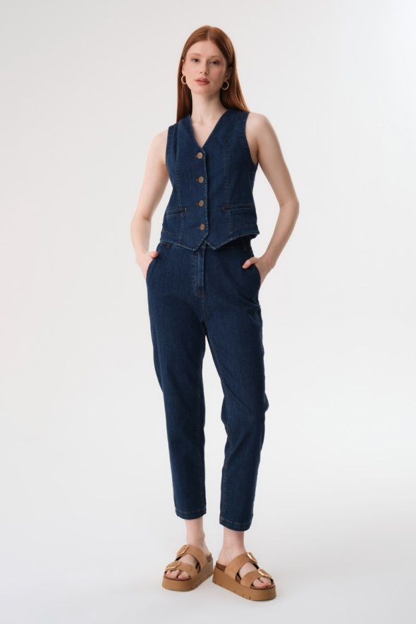 Denim Vest and Pants Suit - Blue - 1