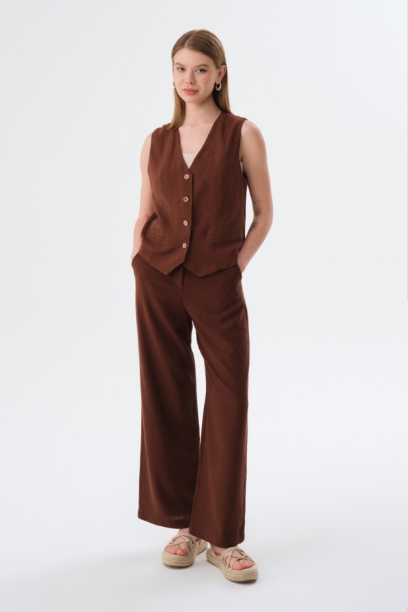Linen Vest Trousers Set - Brown - 1