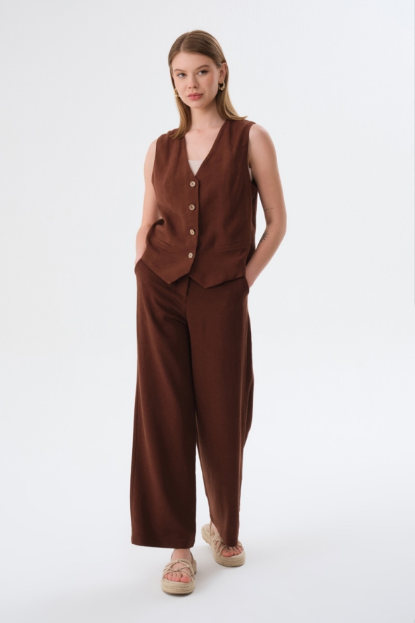 Linen Vest Trousers Set - Brown - 2
