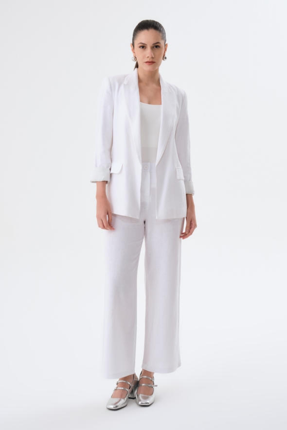 Linen Jacket and Pants Suit - White - 1