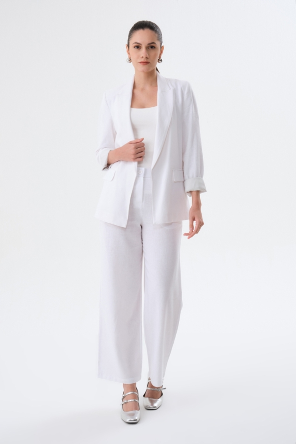 Linen Jacket and Pants Suit - White - 2